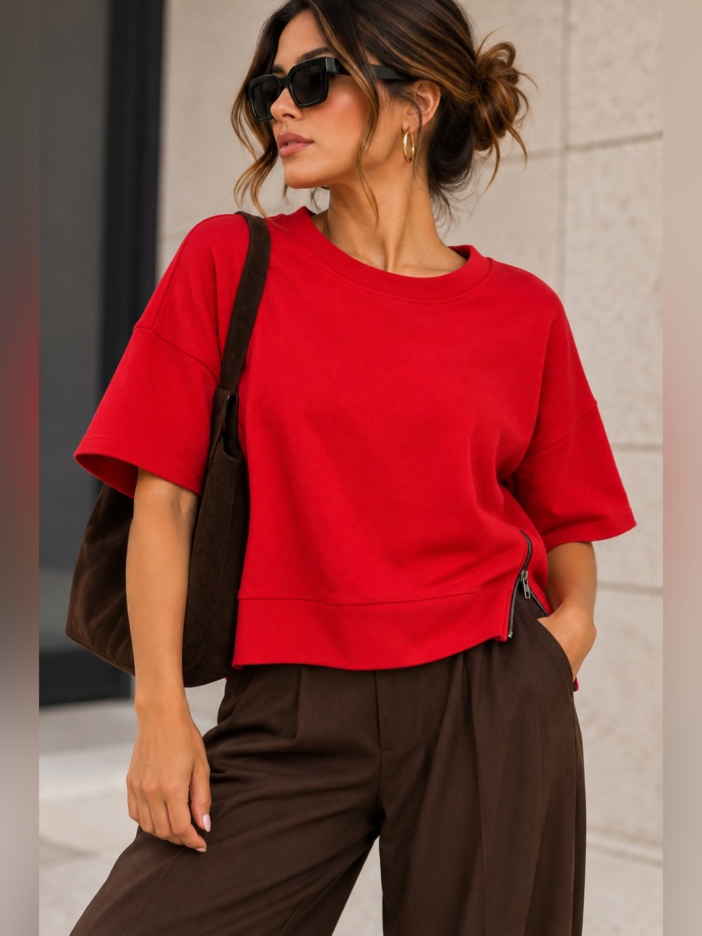 LOFT Red Oversized Short Sleeve Sweatshirt XS Side Zip Fall Layering Top